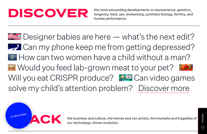 Discover menu with big text in Untitled Sans Light. The red words are in Dinamit Bold.
