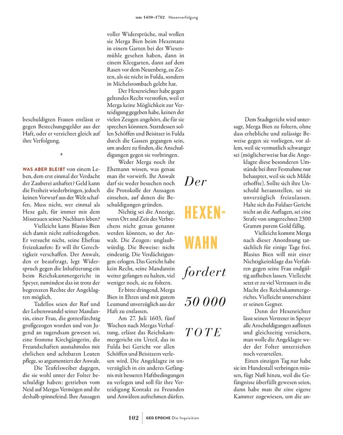 The pull quote is in Bauer Bodoni Italic, with yellow caps from ITC Franklin Gothic Demi Extra Compressed. Garamond and Bodoni usually don’t go well together, but the size contrast plus the fact that it’s the italic help to make the combination work. The running title pairs Bauer Bodoni (page numbers) with  (“GEO Epoche”) and Brandon Grotesque (issue title).