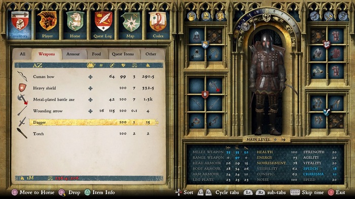 In-game graphics with stats and menu in 1529 Champ Fleury.