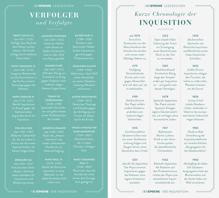 A single-colored bookmark provides an overview of perpetrators and victims of note, as well as a chronology with the most important dates of the inquisition.