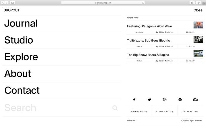 Menu, offering overview and different entry points for the website.