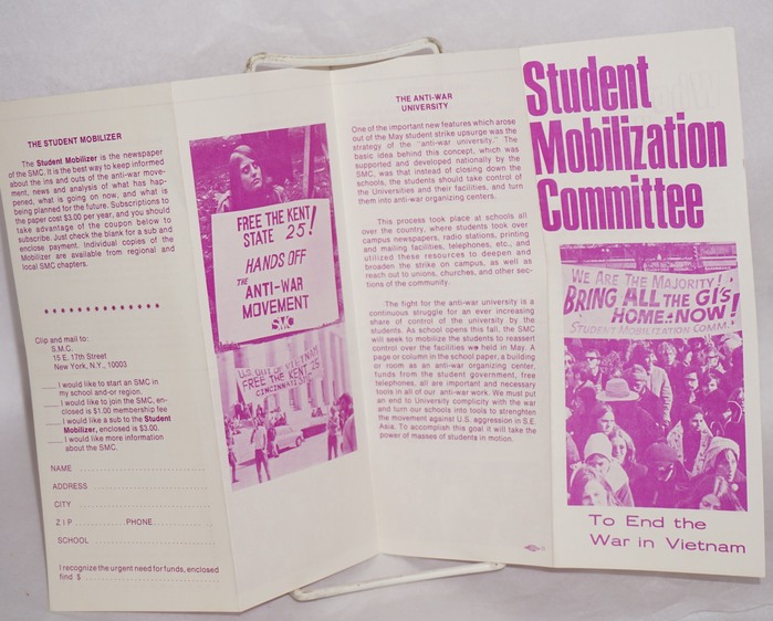 Eight-panel brochure, SMC New York. Appears to be from late 1970 or 1971; one photo shows a demonstrator with a sign calling to “Free the Kent State 25.” , Adonis (“To End the War in Vietnam”), and  (text).