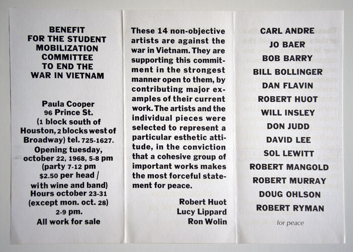 Flyer for a show at Paula Cooper Gallery as a benefit for the Student Mobilization Committee to end the war in Vietnam. Set in , with “for peace” in  Italic.