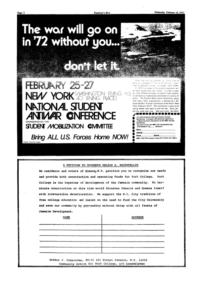 “The war will go on in ’72 without you… don’t let it.” From Pandora’s Box, Feb. 16, 1972, York College of the City University of New York. ,  (with alternates and ligatures), and .