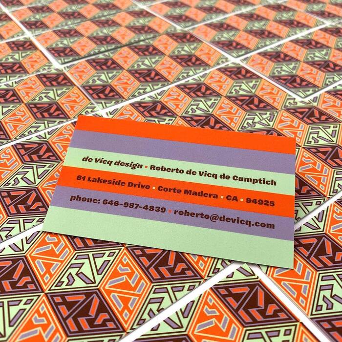 The business card uses Halyard Micro in Black and Black Italic styles. Since Halyard Micro here is used at a larger size than what it was made for, De Vicq tightened the default open spacing a little.