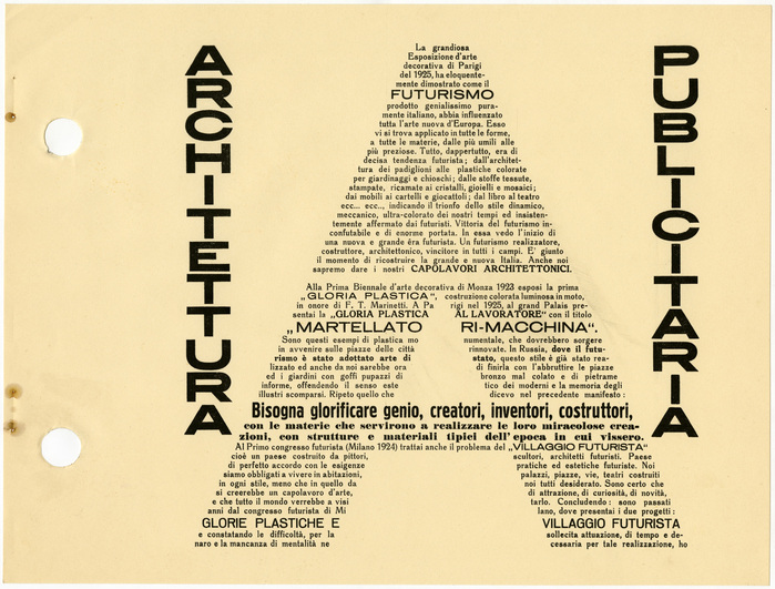 Page 89 opens a ten-page section devoted to Depero&rsquo;s architectural work. [Camillini et al.] The text face again is Archiv-Antiqua (with halbfett for emphasis). The lines that form the A&rsquo;s crossbar are set in Schmale Block and  (or a similar fat face). &ldquo;Martellatori-Macchina&rdquo; looks like the wide sans that was sold by Weber as Aurora breithalbfett (and by L. Wagner as Edel-Grotesk, etc.). &ldquo;Glorie plastiche e villaggio futurista&rdquo; is in Aurora-Grotesk II halbfett (1912), see . Nebiolo had the latter under the name Cairoli tonda neretta, but it&rsquo;s not clear whether their version was released before 1928. 

The big stacked caps (&ldquo;architettura publicitaria&rdquo;) are only similar to this series. They are heavier than Aurora&rsquo;s VII cut and lighter than the V (in Italy available as Etruria from FTC), and are distinguished by a very small aperture in C and a short middle arm in E [edit: it&rsquo;s Etrusco intestazione normale, see comments].