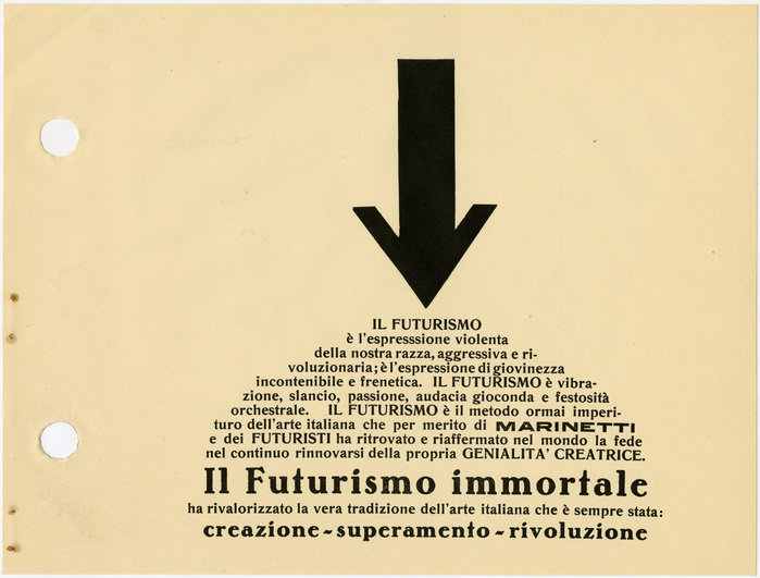 Page 65, “Il Futurismo immortale” (The Immortal Futurism). Romanisch halbfett is paired with Bernhard-Antiqua fett. The bold wide grotesk for “Marinetti” is unidentified (see also page 89).