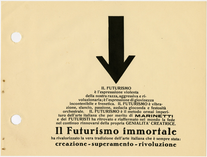 Page 65, &ldquo;Il Futurismo immortale&rdquo; (The Immortal Futurism). Romanisch halbfett is paired with Bernhard-Antiqua fett. The bold wide grotesk for &ldquo;Marinetti&rdquo; is unidentified (see also page 89) [edit: it&rsquo;s likely Etrusco intestazione normale, see comments].