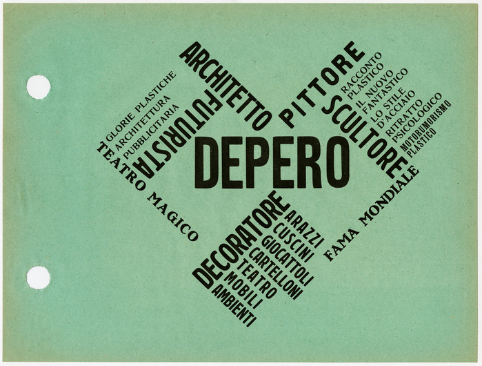 Page 53, featuring lines in all caps, set on various angles, in seven fonts: Modena AKA Sansone (AKA Poppelbaum&rsquo;s Schmale Block?) in two sizes (&ldquo;Architetto&rdquo;, &ldquo;Arazzi&rdquo;), Bernhard-Antiqua fett (&ldquo;Teatro Magico&rdquo;), Romanisch halbfett (&ldquo;Glorie Plastiche&rdquo;), and Schmale Etienne (&ldquo;Motorumorismo Plastico&rdquo;. The grotesks used for &ldquo;Depero&rdquo; and &ldquo;pittore&rdquo; are unidentified. The former might be Schelter & Giesecke&rsquo;s Schmale fette Steinschrift [edit: and the latter is  Etrusco nerissimo stretto, a copy of Mid-Gothic, see comments].