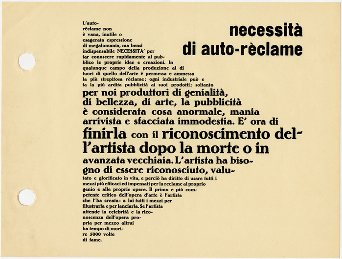 Page 57 is the first in a series of typographic compositions Depero refers to as manifesti murali, or wall manifestos. [Camillini et al.] The arrow-shaped text is set in three sizes of Bernhard-Antiqua fett. The clumsy grotesk for “necessità di auto-rèclame” (“the need for self-promotion”) is unidentified.
