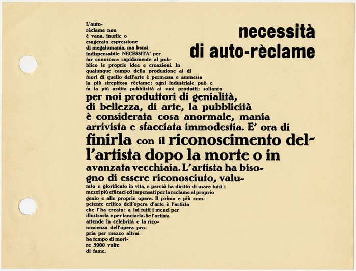 Page 57 is the first in a series of typographic compositions Depero refers to as manifesti murali, or wall manifestos. [Camillini et al.] The arrow-shaped text is set in three sizes of Bernhard-Antiqua fett. The clumsy grotesk for &ldquo;necessit&agrave; di auto-r&egrave;clame&rdquo; (&ldquo;the need for self-promotion&rdquo;) is unidentified. [edit: it&rsquo;s again Etrusco nerissimo stretto, this time in lowercase, see comments].