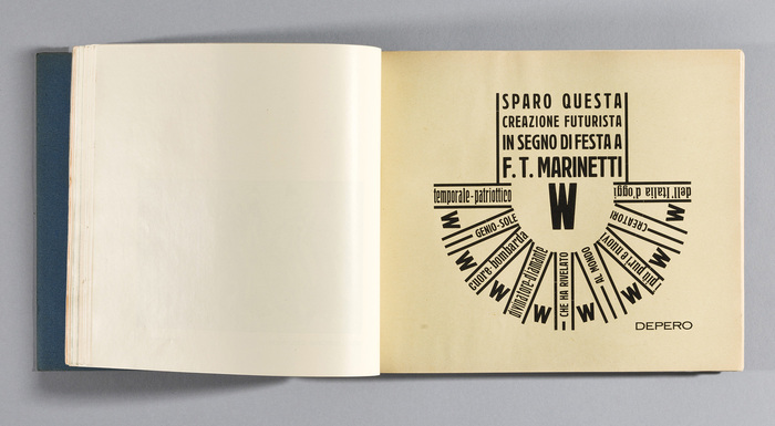 Page 113 repeats the dedication to Marinetti that already appeared on page 13. &ldquo;&lsquo;I set off this futurist creation as a sign of celebration for F. T. Marinetti.&rsquo; The letter W in the center of the composition is an Italian abbreviation of the words &lsquo;long live&rsquo; as in &lsquo;Long live Marinetti.&rsquo; It appears on numerous pages throughout Depero Futurista.&rdquo; [Camillini et al.] The fonts used on this page include four sizes of Schmale Block, Lukrativ (&ldquo;temporale-patriottico&rdquo;), and Schmale Etienne (&ldquo;cuore-bombarda&rdquo;).