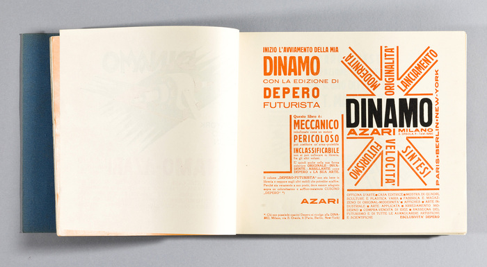 Page 11 announces the launch of the Futurist art gallery Dinamo-Azari. &ldquo;Written by publisher Fedele Azari, it describes Depero Futurista as &ldquo;MECHANICAL: bolted like an engine,&rdquo; warns it is &ldquo;DANGEROUS: can be used as a projectile,&rdquo; and declares it is &ldquo;UNCLASSIFIABLE: cannot be placed alongside other books in the library.&rdquo; &mdash; from the page by page annotations, which rely heavily on original research done by Gianluca Camillini, and were edited by Russell Fernandez with assistance from Raffaele Bedarida.