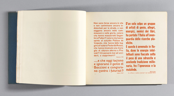 Page 101 has quotations by Futurist painter and sculptor Umberto Boccioni (1882&ndash;1916) and Depero himself, printed in orange. The fonts in use are Schmale Block and three sizes of , with several descending alternates for c and e. The latter was also available from Italian foundries Societ&agrave; Augusta (as Melpomene, before 1914) and Fondografica (as Como).