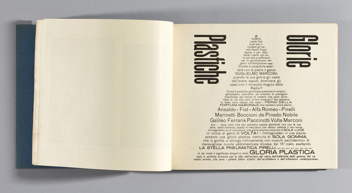Page 87, &ldquo;Plastic Glories&rdquo;. In addition to  (bottom two lines) and  VII (&ldquo;Gloria Plastica&rdquo;, see p.89), there are two more grotesks in use. Most of the text is set in . This face by Schelter & Giesecke was avaiable from the local foundry Reggiani as Eia. The big compressed sans is unidentified, and probably wood type.
