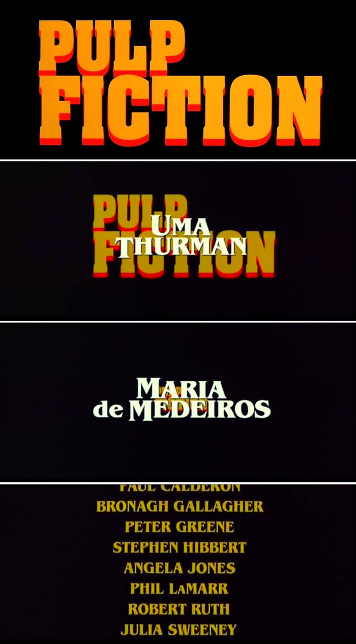 Colin Brignall’s Aachen Bold for “Pulp Fiction”, ITC Benguiat for the names.
