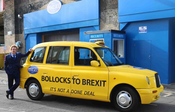 24 October 2018: “Yesterday we launched our latest weapon in the war against Brexit, our own Pimlico Plumbers London taxi cab, which now proudly proclaims ‘Bollocks to Brexit’ as it goes about its business ferrying our staff, especially the apprentices, to and from jobs across London.”