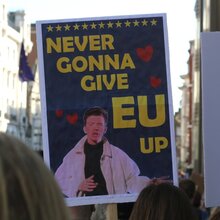 “Never Gonna Give EU Up” Brexit protest placard