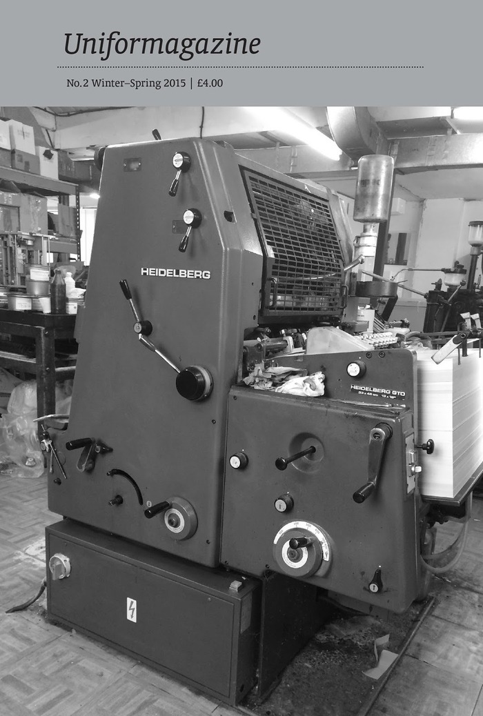 Uniformagazine No. 2, Winter&ndash;Spring 2015 featuring the Heidelberg GTO at Axminster Press on which the magazine was printed. The GTO (&ldquo;Gro&szlig;er Tiegel Offset&rdquo;) is a single-colour machine that was produced from 1972 to 2014.