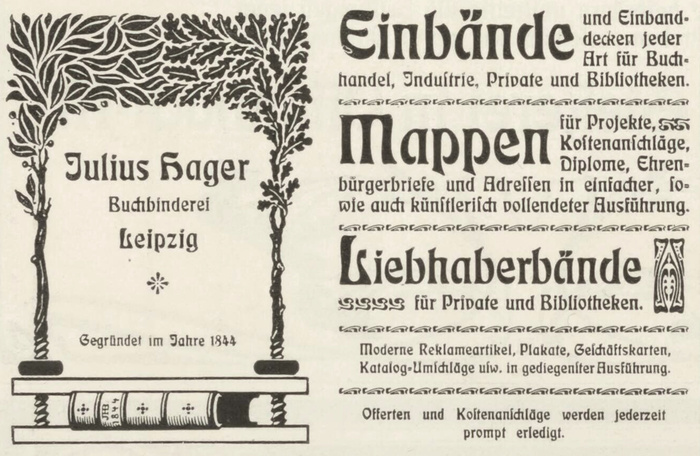 Small ad for Julius Hager in Buchgewerbe und Gebrauchsgraphik, Vol. 41, 1904.