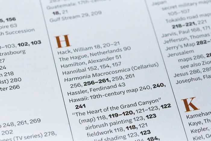 Detail from the index. Halyard Text is used with italics for titles and boldface for illustration references.

Alphabet dividers in Surveyor.