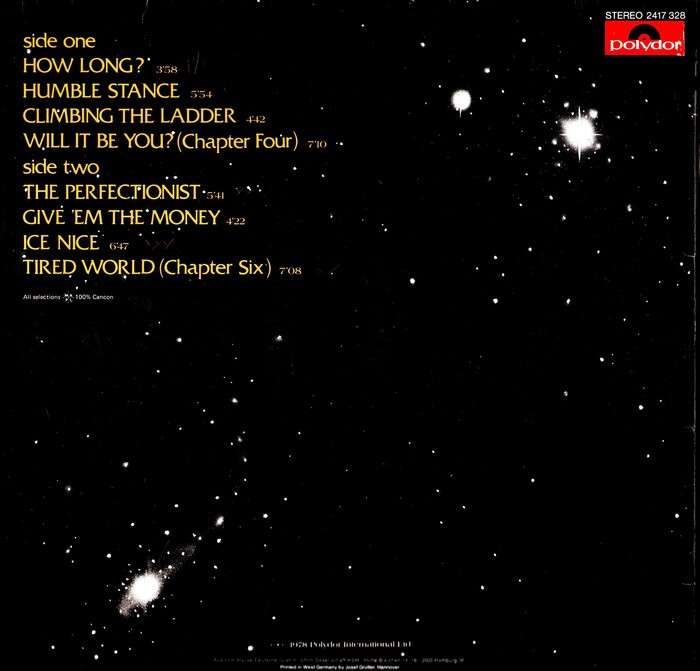 The track list on the back is set in , mostly in all caps.
