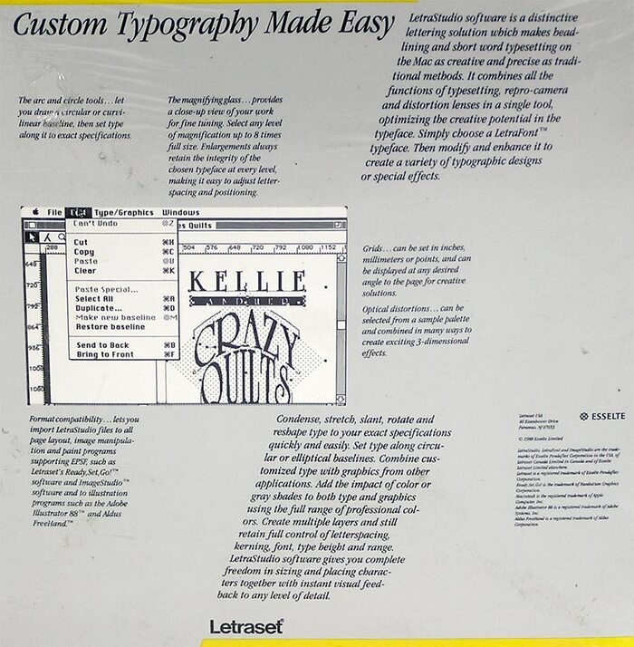 LetraStudio box, back side. “Condense, stretch, slant, rotate and reshape your type to your exact specifications quickly and easily.”