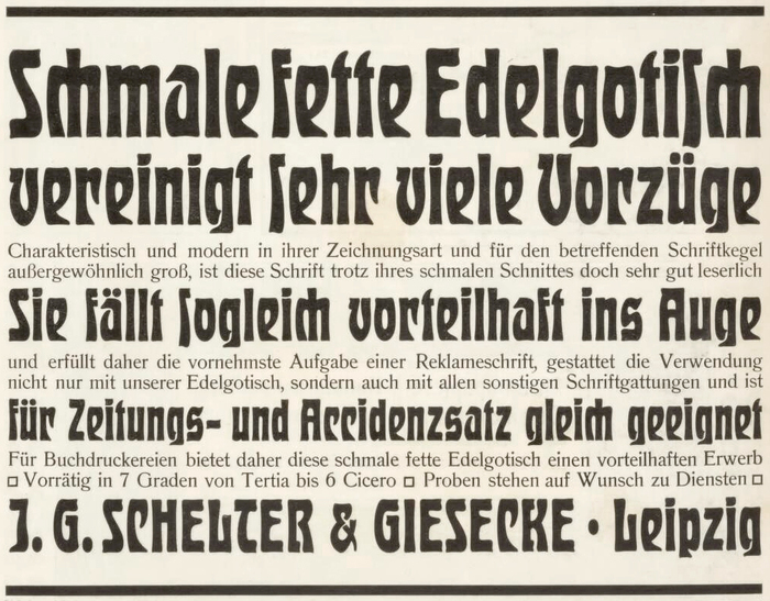 Ad by J.G. Schelter &amp; Giesecke announcing the schmal fett style of Edelgotisch in the German trade journal Archiv für Buchgewerbe in 1904.