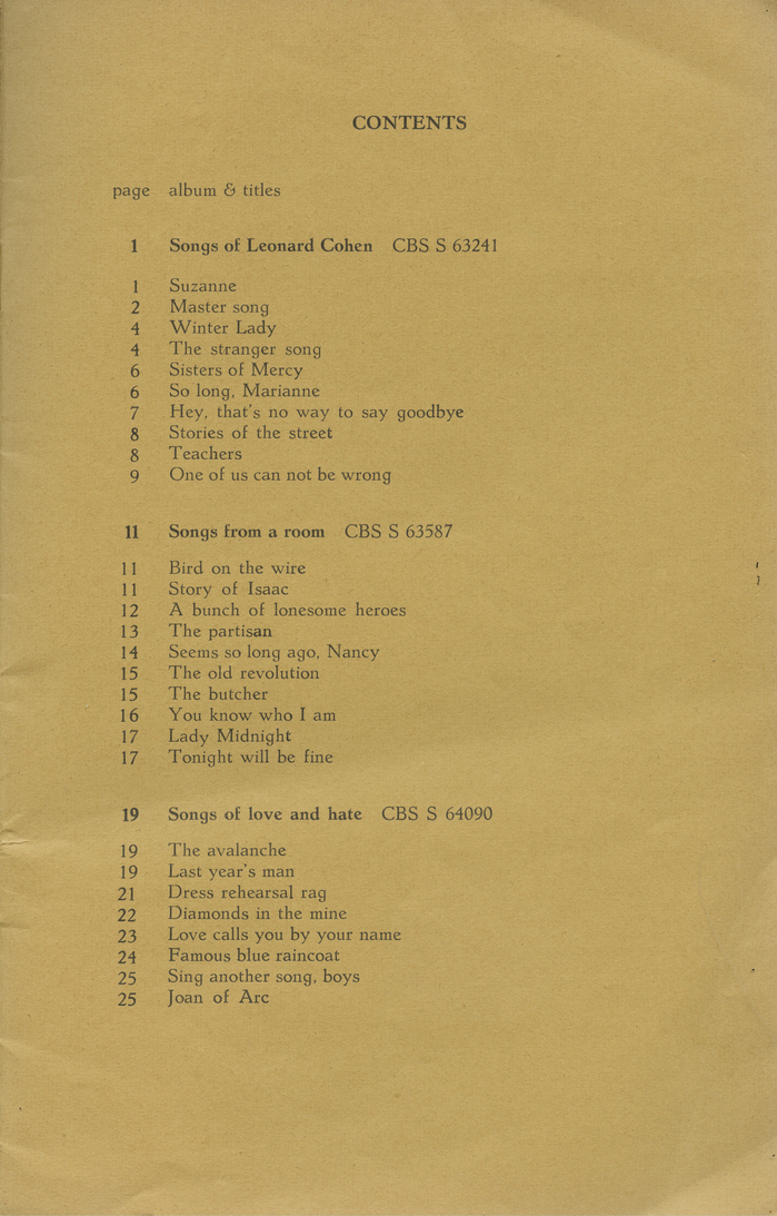 Table of contents, with CBS Records release code for each album. A odd numbering is used for the list of songs: 1, 2, 4, 4, 6, 6, 7, 8, 8, 9 etc.