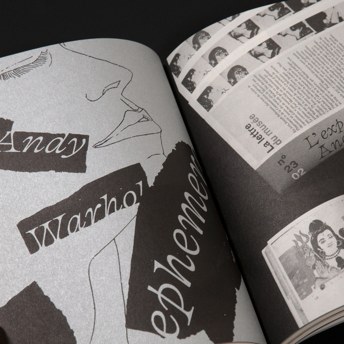 Spread showing designs for the Andy Warhol Ephemera exhibition using Clifton by Yoann Minet.