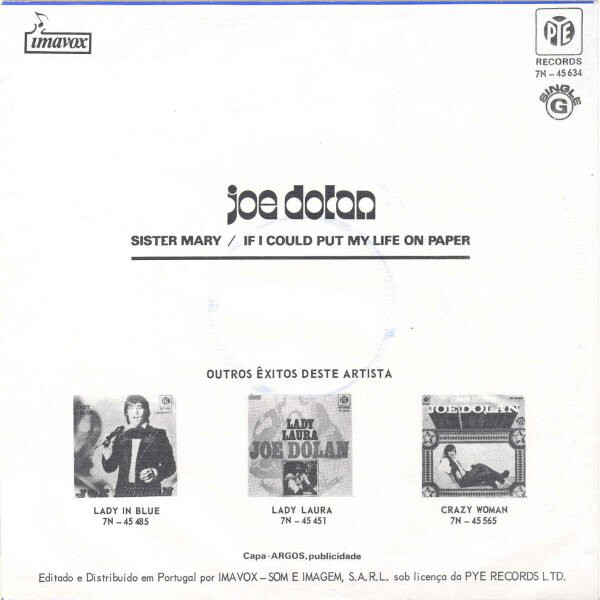 Joe Dolan – “Sister Mary” / “If I Could Put My Life On Paper” Portuguese single cover 2
