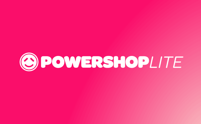 The Powershop logo is in uppercase letters from Omnes Black, with tightened spacing. The center of W was raised to meet the cap line.