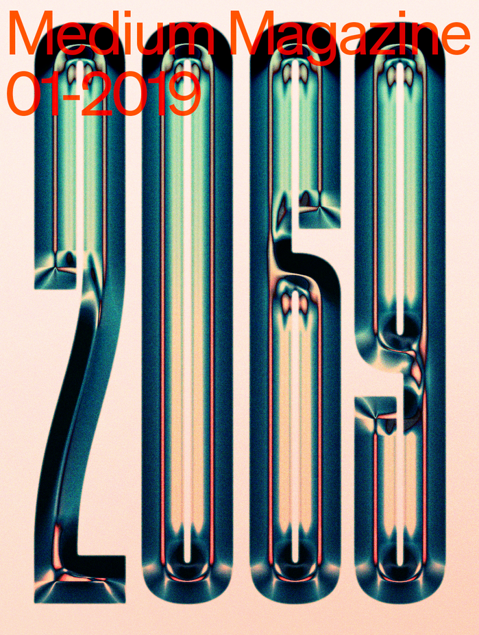 Numerals from  Black 05, slightly modified and with a shiny bevel &amp; chrome effect, for the cover of 2069, the January 2019 issue of Medium’s monthly digital magazine. The red type is from a lighter weight of . This cover was designed together with Ryan J. Hubbard.
