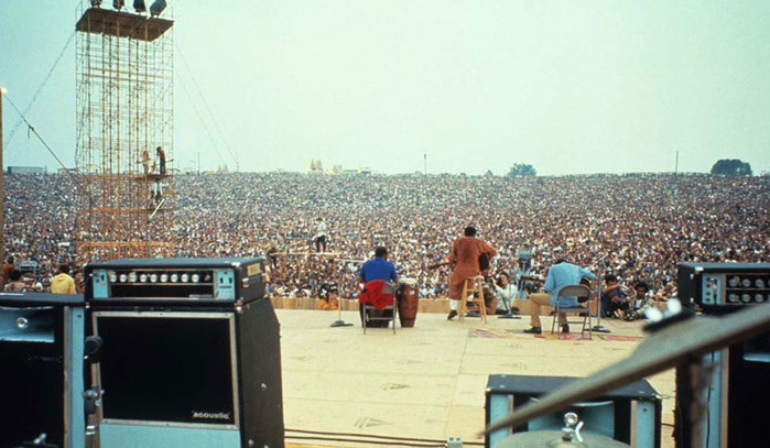 Santana’s Acoustic amplifier and sound system backline is seen as Richie Havens performs to 400,000 people at the Woodstock festival in 1969.