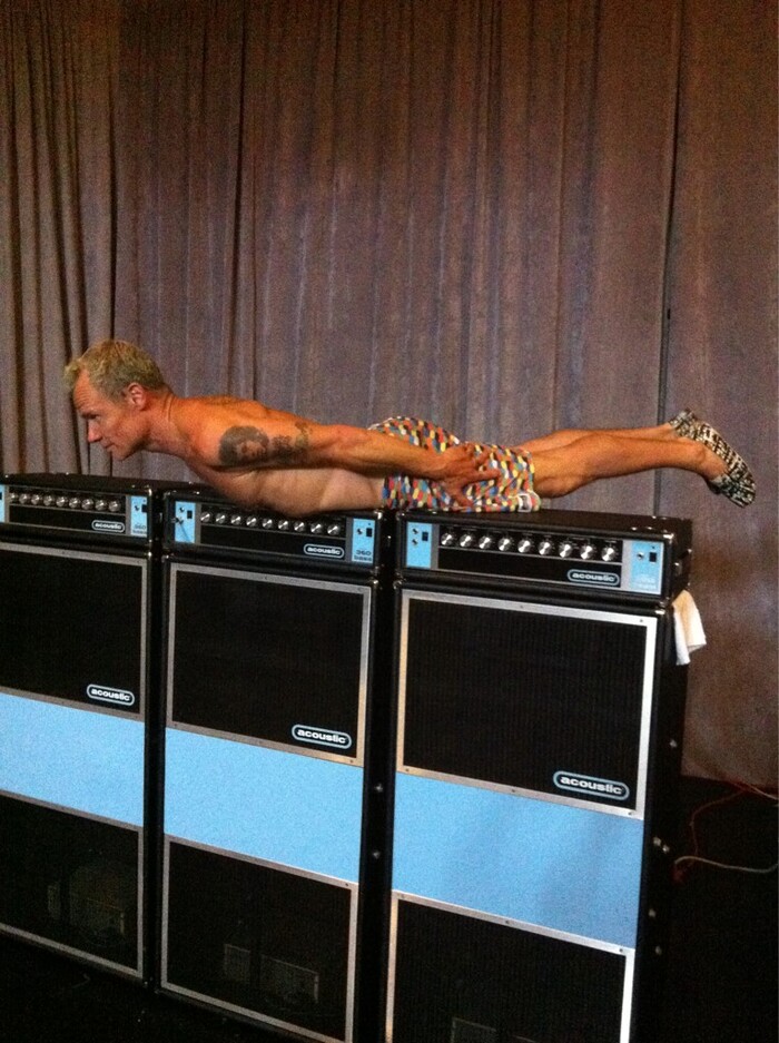 Flea, a big fan of Jaco Pastorius, is seen here “planking” on three Acoustic 361 stacks made by the shortlived Acoustic USA.