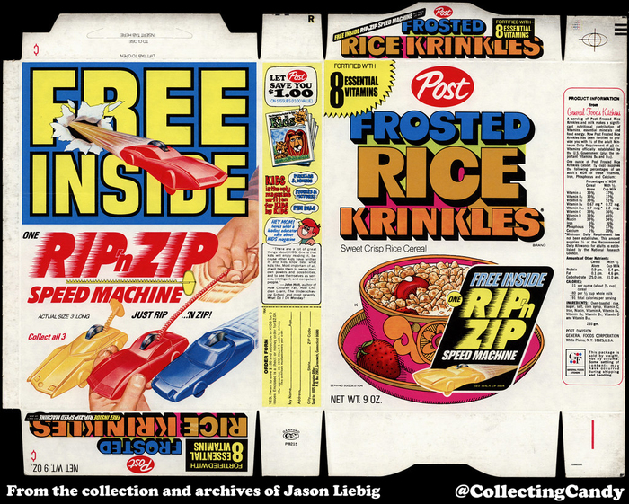 &ldquo;Free inside: One Rip &rsquo;n Zip Speed Machine. Just rip &hellip; &rsquo;n zip! Collect all 3&rdquo;. The ad for Kids magazine on the side mentions an expiry date of 12/31/72. There was also a version featuring &ldquo;3 Jackson Five Groovie Buttons&rdquo;.