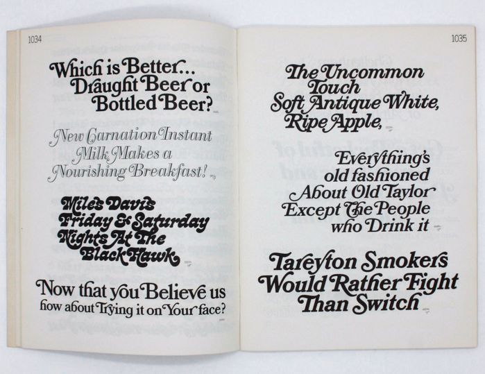 Spread from PLINC&rsquo;s 1967 Alphabet Yearbook. The face used for the Bantam paperback, 4446 Bookman Italic Swash Bold 6, is shown in the middle of the right-hand page (&ldquo;Everything&rsquo;s&rdquo;). A bolder version, 4450 Bookman Italic Swash Heavy 8, is shown below (&ldquo;Tareyton&rdquo;). Their upright companion styles are presented on the opposite page: 4448 Bookman Swash Heavy 8 (&ldquo;Which&rdquo;) and 4444 Bookman Swash Bold 6 (&ldquo;Now that&rdquo;). The other faces are 5653 Papirtis Bodoni Ital Swash Shaded F (&ldquo;New Carnation&rdquo;), 5552 West Cooper Nouveau Swash 10 (&ldquo;Miles Davis&rdquo;), and 5559  Ital Swash 8 (&ldquo;The Uncommon&rdquo;).