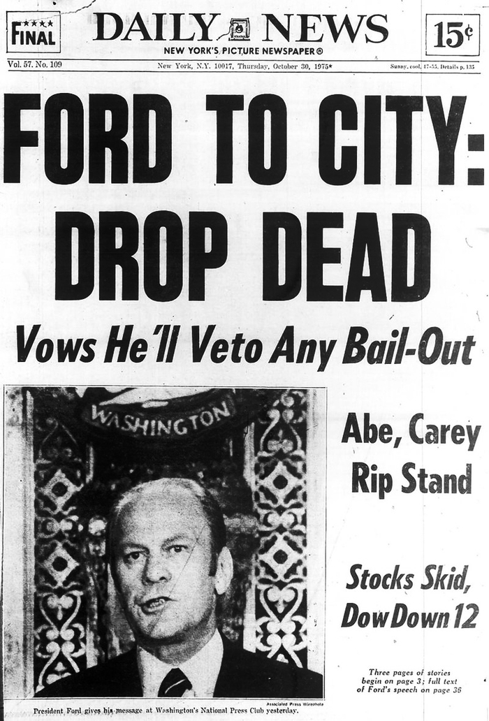 In a speech before the National Press Club on October 29, 1975, President Gerald Ford denies the near-bankrupt New York City a federal bailout.