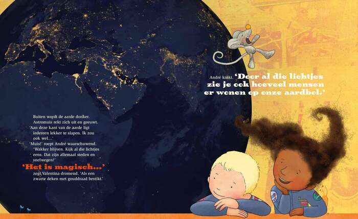Interior spread from Andr&eacute; het astronautje &ndash; terug naar de aarde (&ldquo;Andr&eacute; the little Astronaut &ndash; back to earth&rdquo;). The text typeface is .