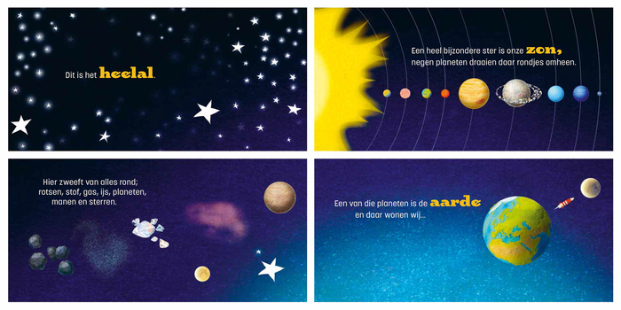 Interior spread from Andr&eacute; het astronautje op reis naar de Planeten.  Stout is paired with the sans-serif .