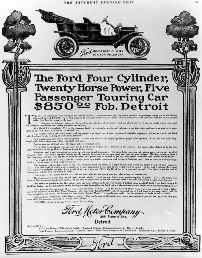 Ford Model T advert in the Saturday Evening Post, 3&nbsp;Oct, 1908