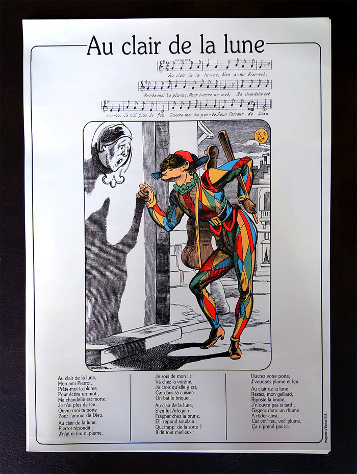 Illustrated sheet music with lyrics. ITC Souvenir is used for the title and lyrics.