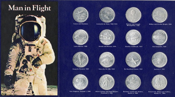Man in Flight, UK, featuring Goudy Bold. Like in South Africa, the coins here were silver-colored, not yellowish as in other countries, and there were only 16 of them, omitting Heinkel HE 178, Bell XS-1, Wernher von Braun&rsquo;s Jupiter C, and the Gemini&nbsp;8 spaceflight.