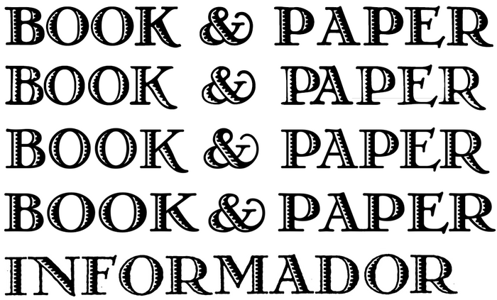 Various versions of Greco Adornado. Note the differences in the details and especially the hatching. From&nbsp;top to bottom:
1. Greco Deco Inline (Lazy Dog Foundry, 1992).
2. Greko Deco (Dave Fabik, 1992), the font used for this poster.
3. Melina Fancy (Bitstream, 1990/2003).
4. Bristol Adornado (GroupType, 1996).

5. The original Greco Adornado (Gans), from a 1920s specimen.