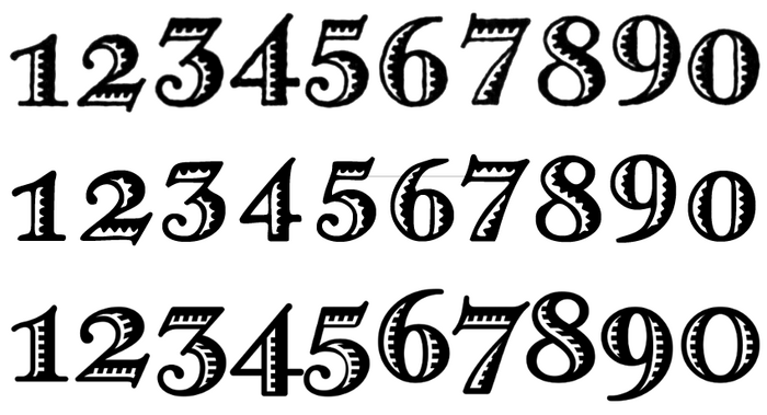 The numerals in the original Greco Adornado (top) are non-ligning. They are special in that none of them descends: 3 and 5, and – unlike in some French typefaces like  – also 4, 7, and 9 all sit on the baseline. Greko Deco (middle) as well as Bristol (not shown) follow this pattern. In Melina Fancy (bottom), the vertical positions have been adjusted to show the conventional up and down of oldstyle numerals.