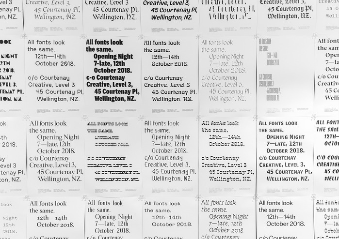 A selection of posters, each starring a different typeface. From top to bottom:

Apple Chancery / Clairvaux / Joe182 /  Left / Cabazon / Droulers;

HWT Mardell / Gosha Sans / National/ Arnold Böcklin / Frauen Roman / Grandmaster / Bluu;

Favorit / ... / Maelstrom / Mineral / Pareto Circular / Bell Centennial / Banco;

Founders Grotesk Mono / GT Sectra / ... / Sporting Grotesque / Syne Italic / ... /  Rectangular