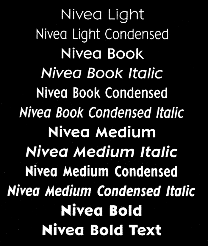 The caps only Nivea word mark is based on Metro Black and was expanded into a full typefamily with lowercase in 2000 by Achaz Prinz Reuss. Also the “Creme” script lettering got developed into a font.