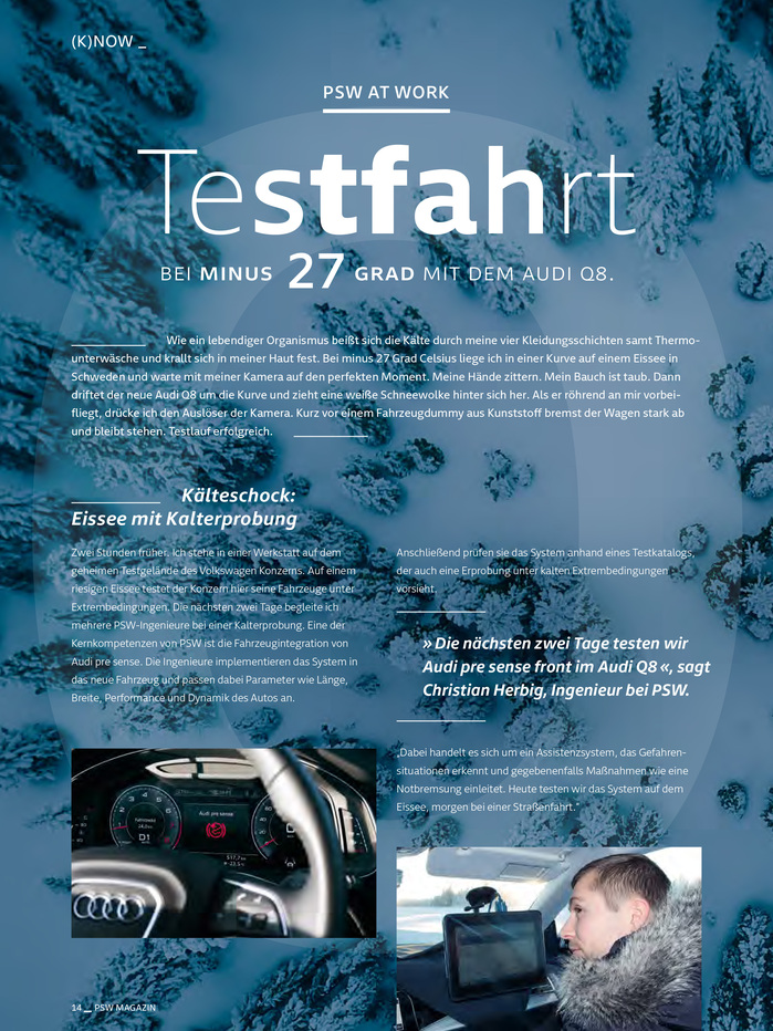 The headline on this page features a type weight gradient. “Testfahrt” uses several of Newson’s weights, from Extralight to Bold.