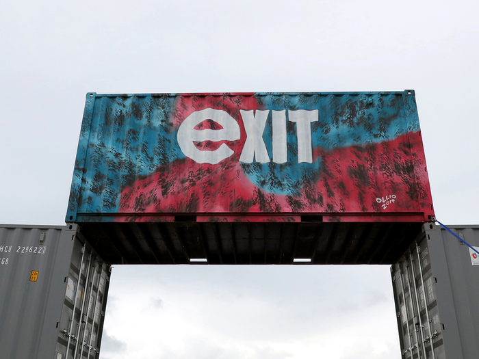 Spray painted signage by Ollio (Jonathan Josefsson) on container-built entrance for Way Out West’s Bananpiren (Banana pier) venue in Gothenburg