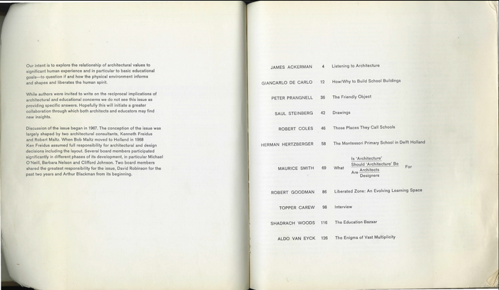 Editorial statement (left) and table of contents (right).